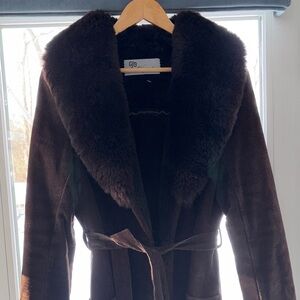 Brown Suede Fur-Trimmed Women's Coat